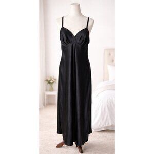Natori Black Maxi Satin Slip Dress Long Nightgown Intimate Sleepwear Size L Vtg